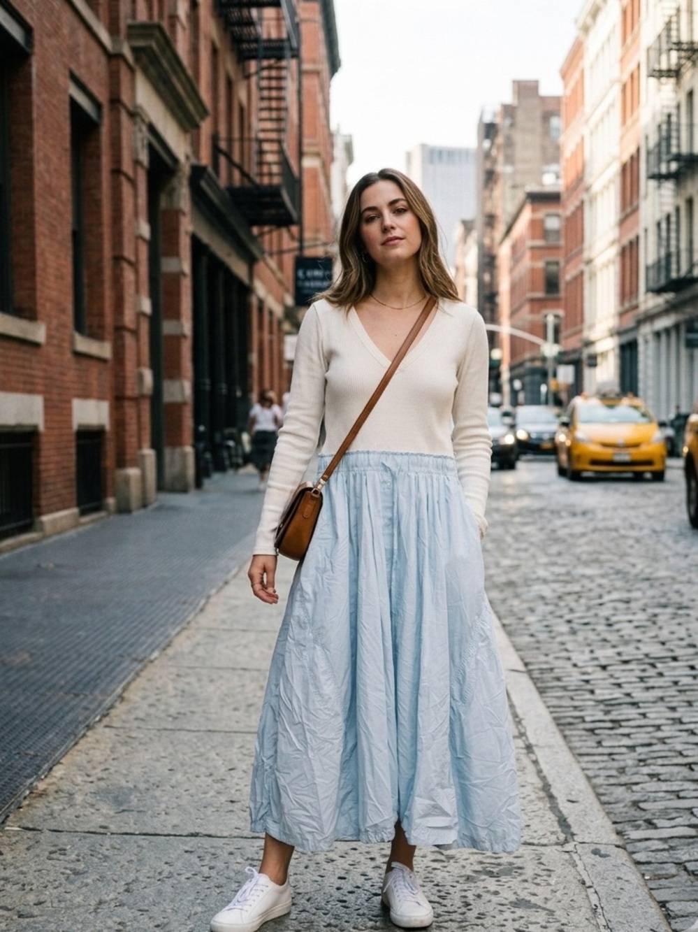 Anthro V-Neck Long Sleeve Ivory and Light Blue Dress XL